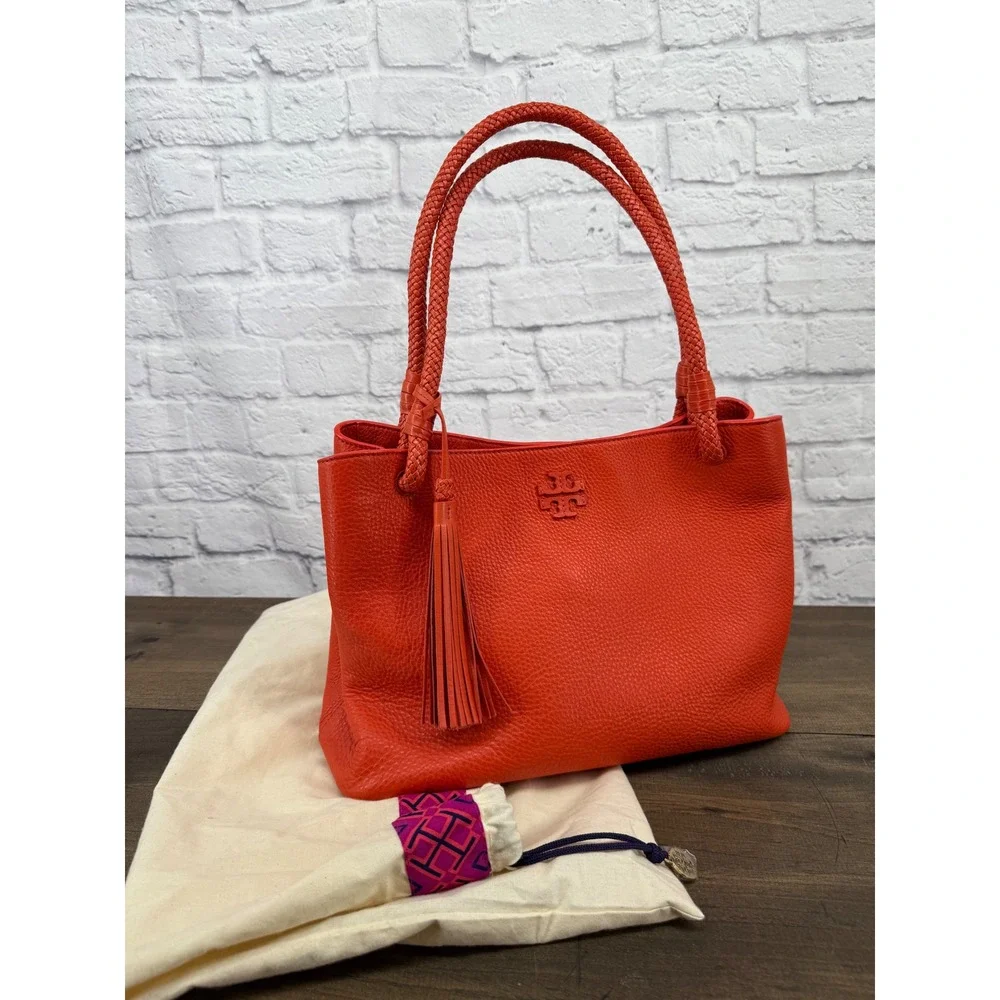 Tory Burch Taylor Tote Bag Coral Red Pebbled Leather Purse Tassel Dust Bag